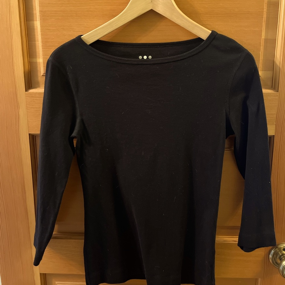 Solid black boat-neck tee with 3/4 length sleeves - 100% cotton